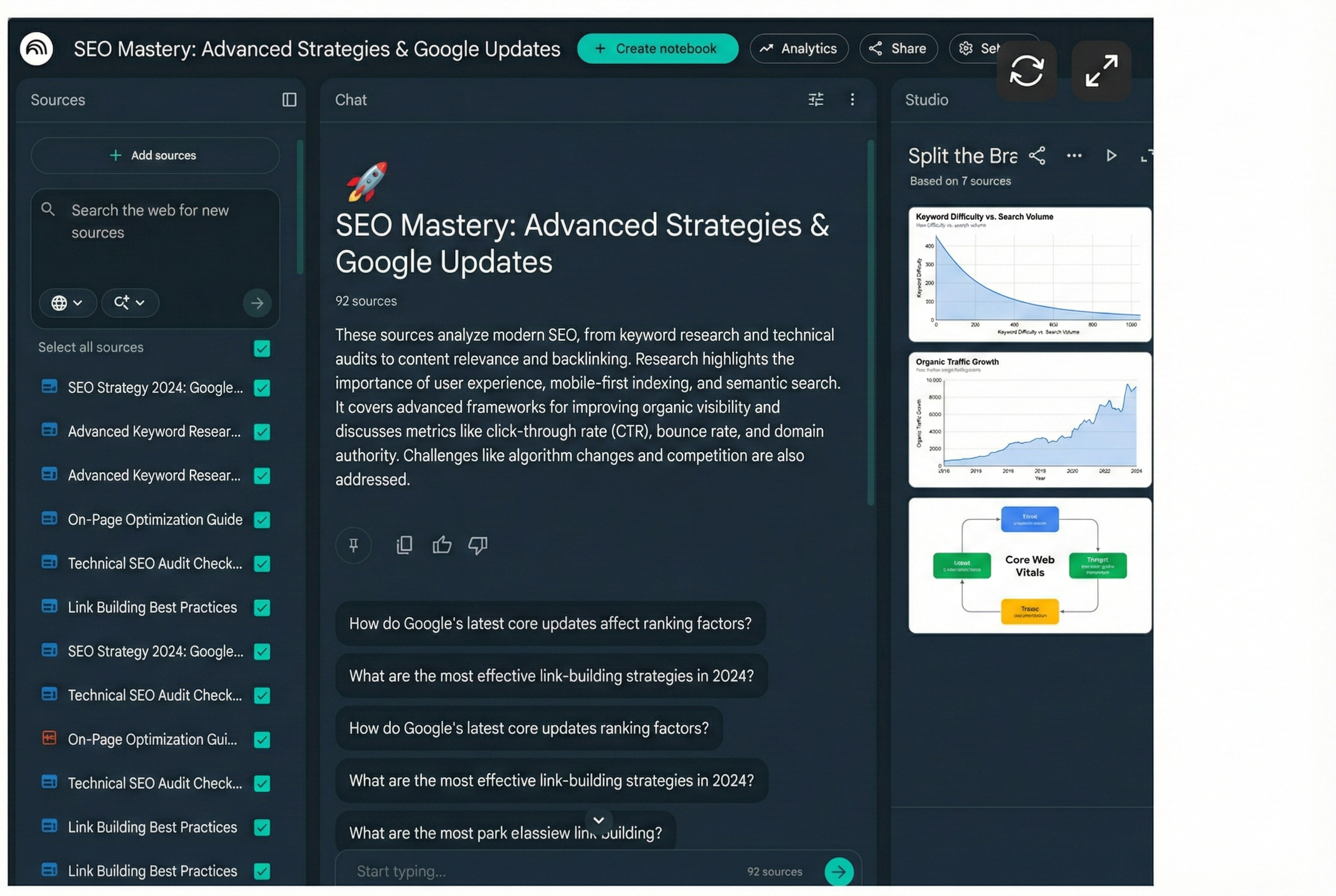 NotebookLM interface showing interactive knowledge base with sources, chat, and study tools
